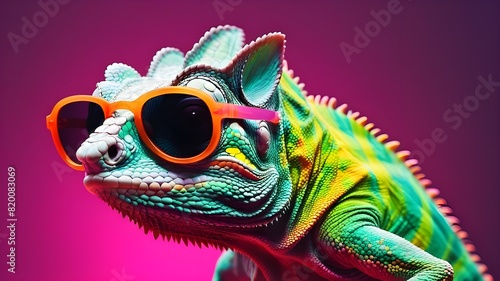 Closeup of chameleon wearing sunglasses isolated on neon background with copy space. Lizard wearing a sunglasses. Vector of a reptile with spikes looking cool. Cover page for magazine. 