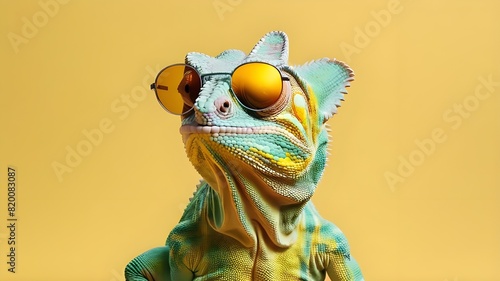 Closeup of chameleon wearing sunglasses isolated on yellow background with copy space. Lizard wearing a sunglasses. Vector of a reptile with spikes looking cool. Reptile Awareness Day October 21