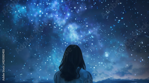 A woman stood looking at the night sky with beautiful twinkling stars. The night was calm and still, the stars twinkling like diamonds against the dark backdrop, creating a serene 