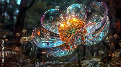 psychedelic flower with lightful bubble bloom  standing in forest clearing  digital art