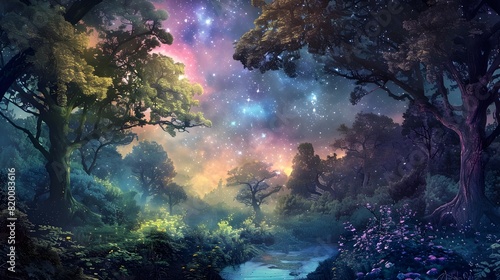 Enchanted Fairy Forest with Glowing Bioluminescent Stream and Starry Celestial Skies