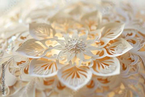 Exquisite close-up of a delicate paper cut-out art  showcasing intricate floral patterns in soft light.