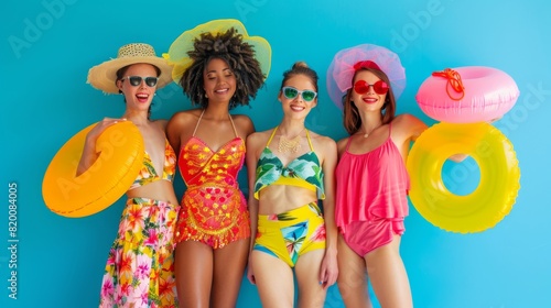 Friends in vibrant summer outfits, holding beach towels and sun umbrellas, enjoying the sun