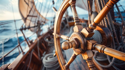 Steering wheel and marine ropes on the old ship for your concept of marine voyage under sails. Nautical equipment on ancient sailing vessel with a wooden wheel of captain photo