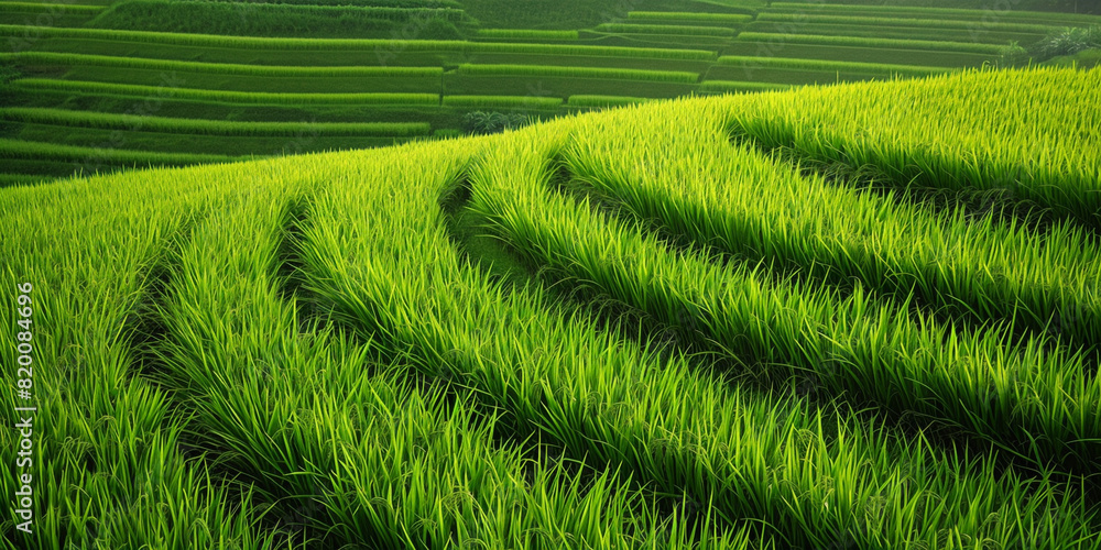 Rice field terraced curve on mountain with green background