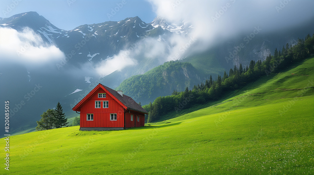 A red house stands on the green grass of an alpine meadow, surrounded by a forest and mountains shrouded in clouds. The landscape is serene with soft lighting creating a peaceful atmosphere A red house stands on the green grass of an alpine meadow, surrounded by a forest and mountains shrouded in clouds. The landscape is serene with soft lighting creating a peaceful atmosphere