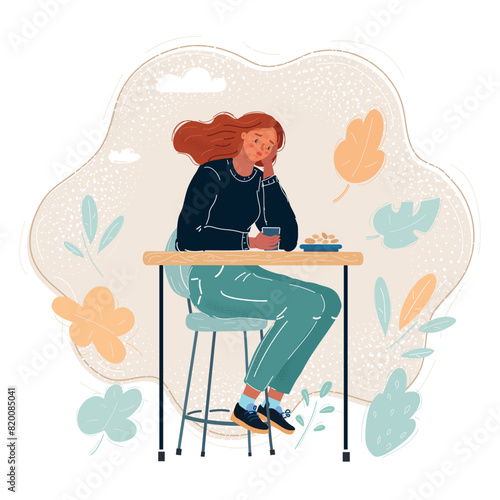 Cartoon vector illustration of Sad girl in cafe is sitting allone photo