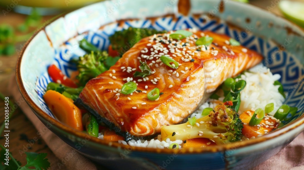 Asian-style glazed salmon fillet served with stir-fried vegetables and steamed jasmine rice in a colorful bowl. Asian-style glazed salmon fillet served with stir-fried vegetables and steamed jasmine rice in a colorful bowl.