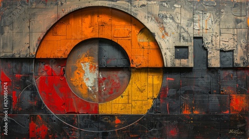 the painting is colored in orange, black and yellow, in the style of complex compositions, dark white and light red, circular abstraction, industrial materials, balanced proportions photo