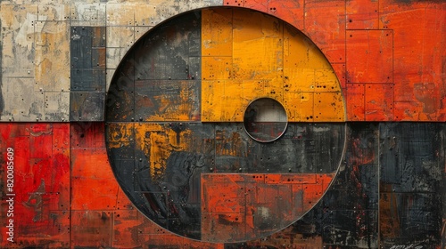 the painting is colored in orange, black and yellow, in the style of complex compositions, dark white and light red, circular abstraction, industrial materials, balanced proportions
