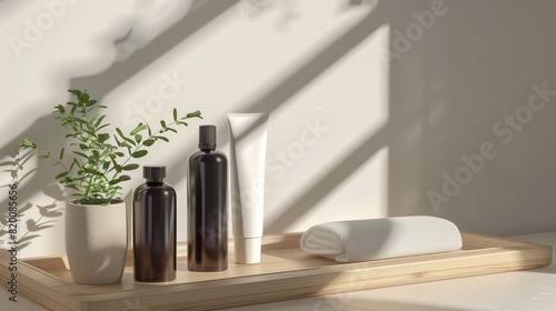 A mockup of  white and black skincare tubes on a wooden tray. © Ailee Tian
