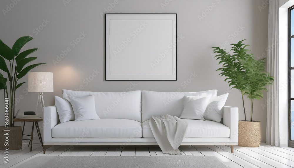 Mockup poster frame on the wall, a white sofa in Scandinavian Livingroom. Mockup poster frame on the wall, a white sofa in Scandinavian Livingroom.