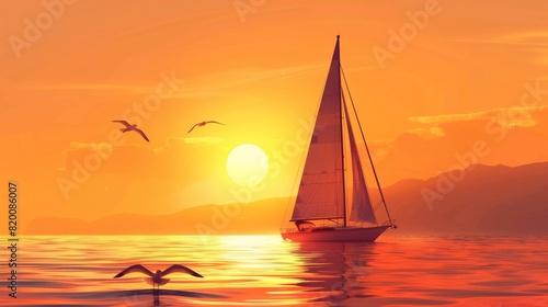 Boat or yacht sailing during sunset. Seagulls flying in the orange sky. Tourism and travel concept