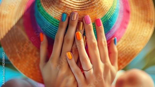 Close-up of colorful nail polish, holding a beach towel and sun umbrella, summer vibes photo