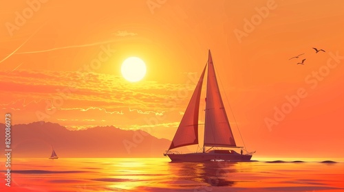 Boat or yacht sailing during sunset. Seagulls flying in the orange sky. Tourism and travel concept
