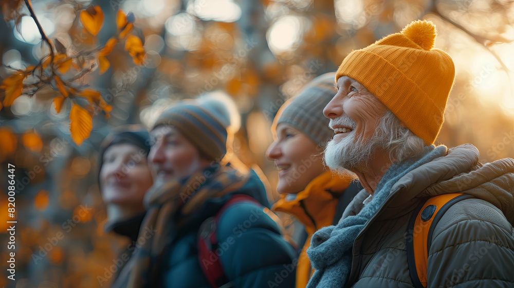 Fototapeta premium Autumn Hiking Adventure: Family Enjoying Golden Fall Foliage Outdoors
