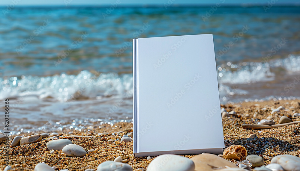 Empty book mockup on sandy beach generated.AI Empty book mockup on sandy beach generated.AI