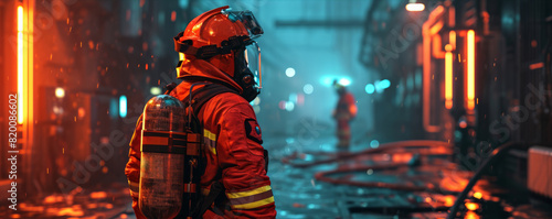 Firefighter in a fire fighting action.