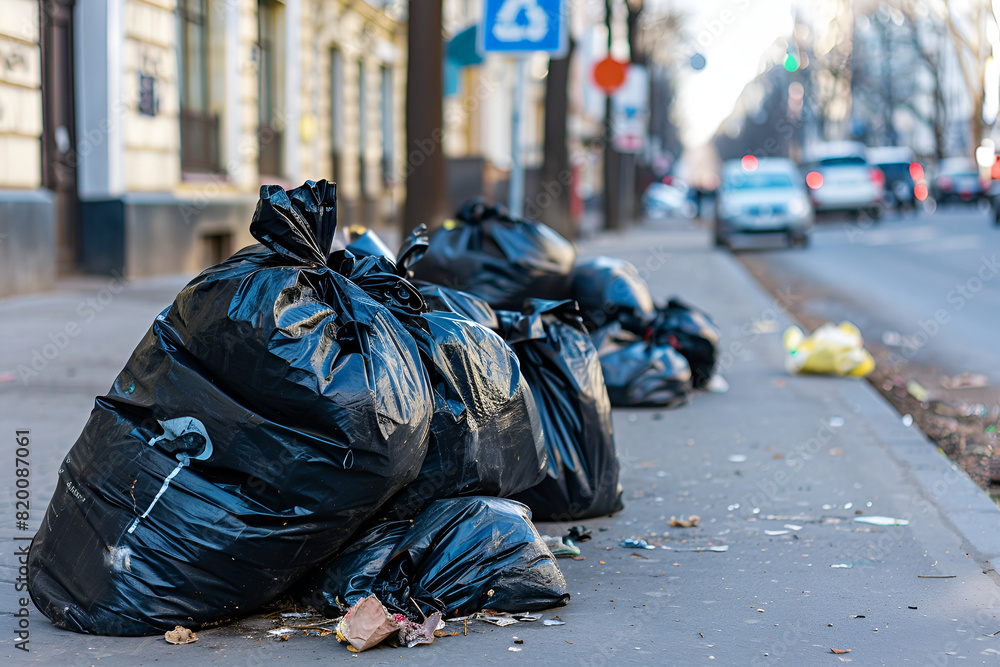 Obraz premium Photo of open black bags full of garbage lying on the streets of the city for removal for recycling