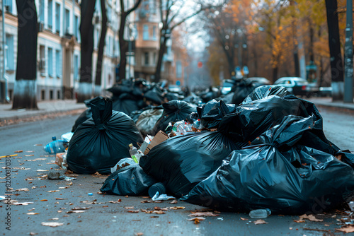 Photo of open black bags full of garbage lying on the streets of the city for removal for recycling