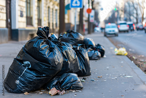 Photo of open black bags full of garbage lying on the streets of the city for removal for recycling photo