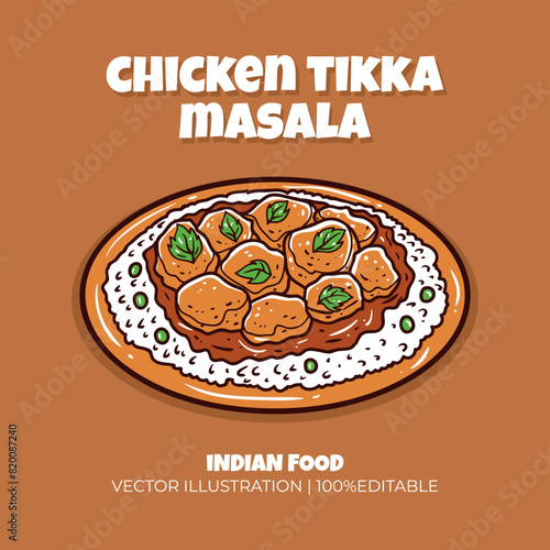 Chicken tikka masala Indian food vector illustration