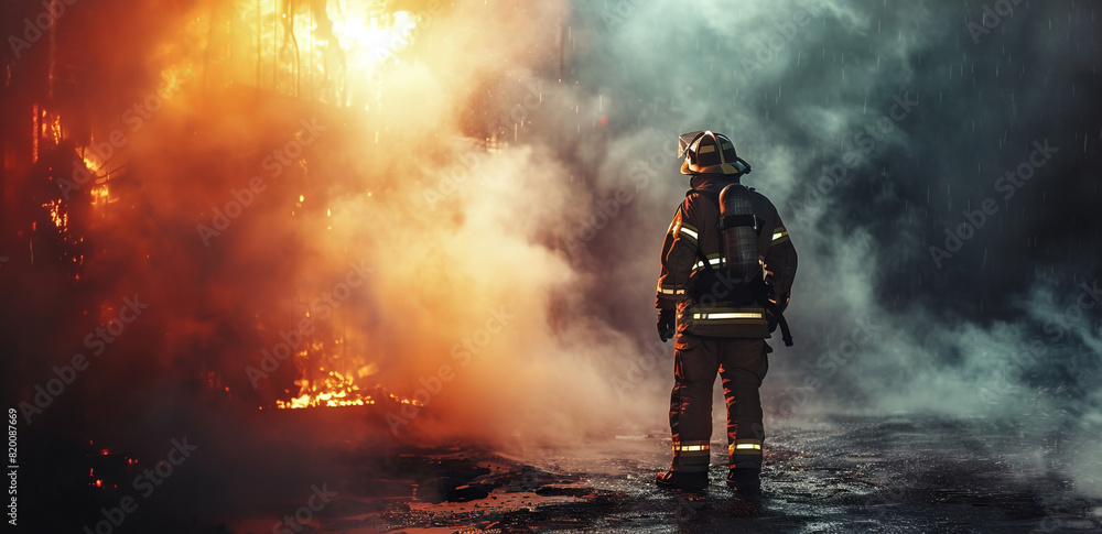 Firefighter in a fire fighting action.