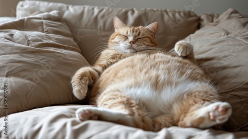 Chubby cat lounging on a pile of pillows, looking like the epitome of relaxation. © Plaifah