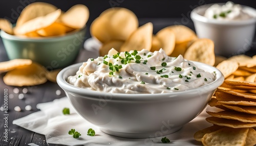 Homemade Clam Dip with Potato Chips, side view. 