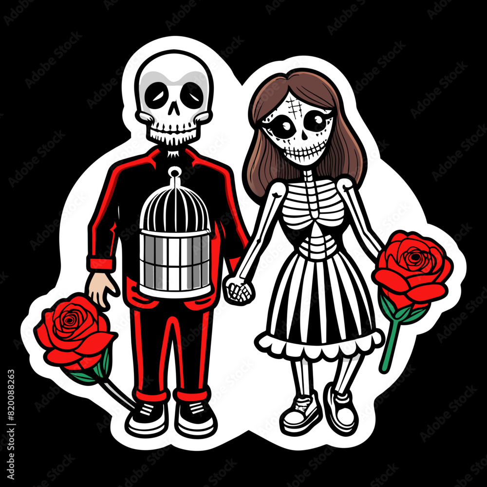 shirt sticker with a love couple's skeletal hands cradling a rose, adorned with vibrant red roses and green foliage, blending a macabre and romantic theme on a dark backdrop