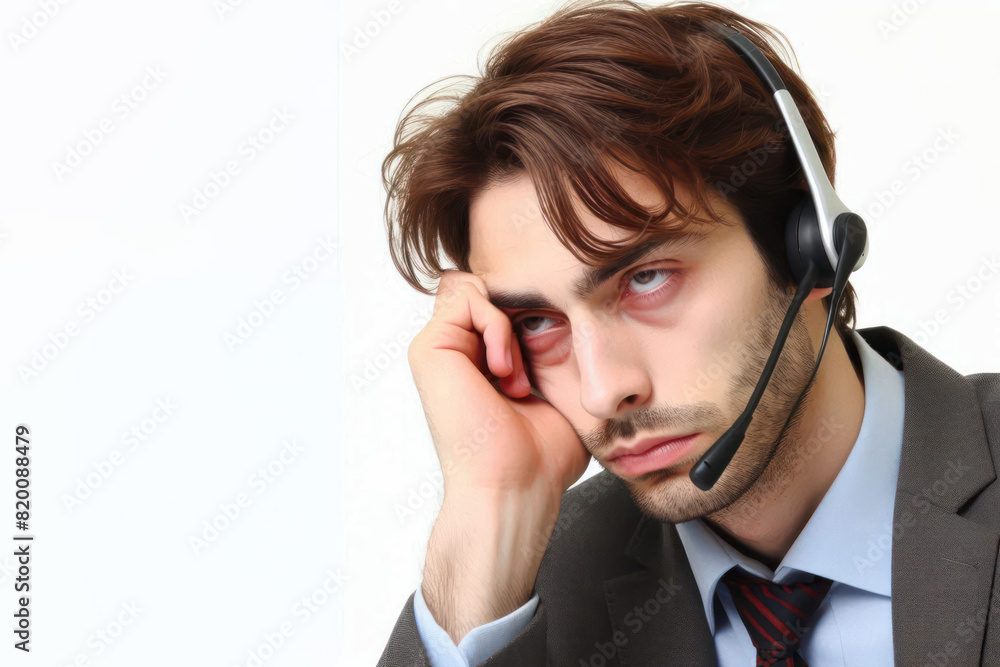 portrait of a tired call center worker Isolated on white background portrait of a tired call center worker Isolated on white background