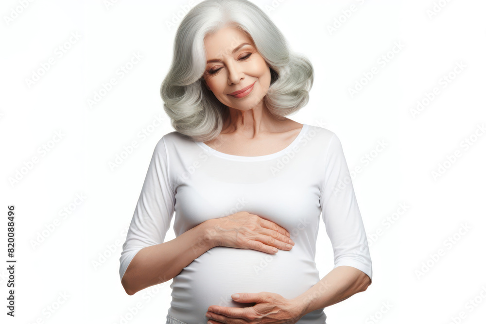 Senior elder woman with silver hair gently holding her pregnant belly Isolated on white background Senior elder woman with silver hair gently holding her pregnant belly Isolated on white background