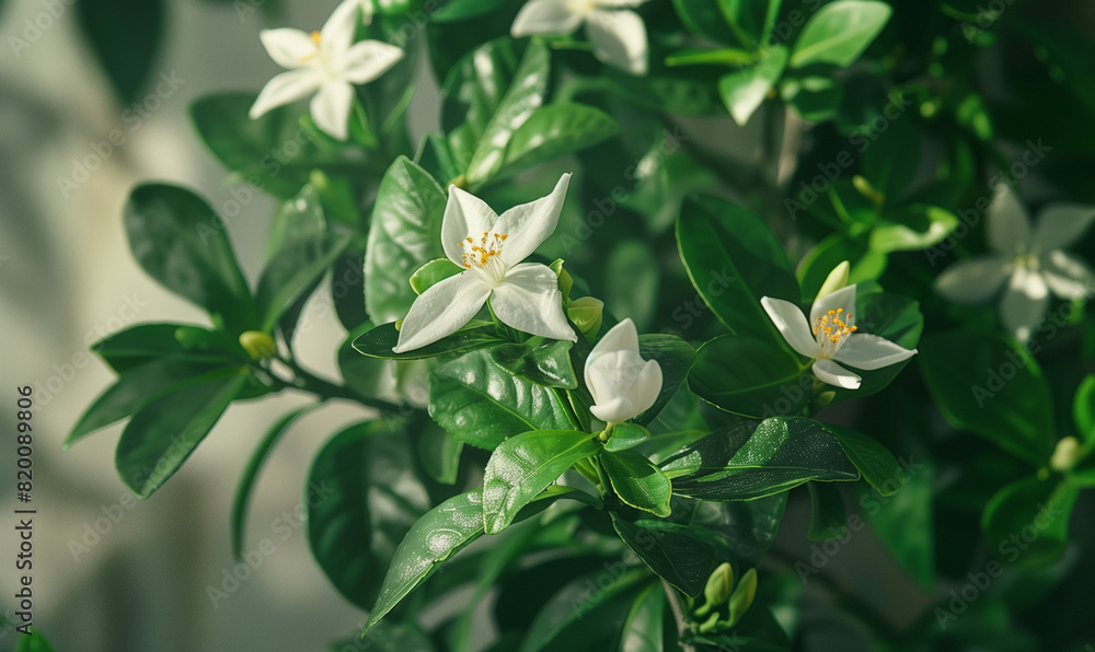 Obraz premium Close-up of a shrub jasminum plant. This shot shows delicate white flowers surrounded by luscious leaves.