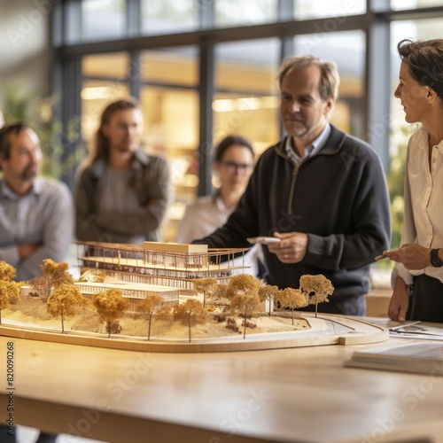 A group of people are gathered around a table with a model of a building. Scene is collaborative and focused  as the group is discussing the design and features of the building