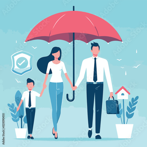A family under an umbrella. An insurance coverage concept.