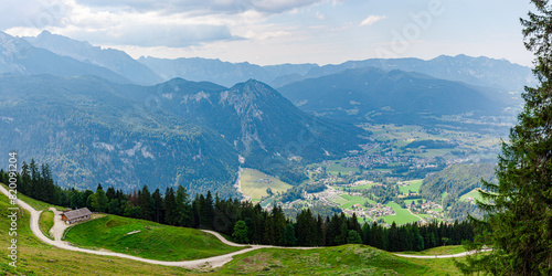 landscape in the mountains. view from Jenner Mountain to Schönau am Koenigssee. Berchtesgaden Alps, Schoenau am Koenigssee, Bavaria, Germany, Europe © ImageSine