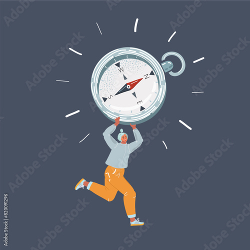 Cartoon vector illustration of Compass in Hand of running woman on dark background.