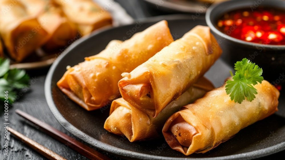 Close-up of a plate of crispy and savory Chinese spring rolls served with sweet and sour dipping sauce, ready to be enjoyed. Close-up of a plate of crispy and savory Chinese spring rolls served with sweet and sour dipping sauce, ready to be enjoyed.