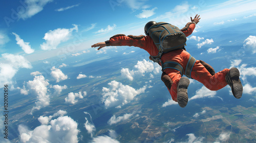 空を飛んでいる人と青空の風景