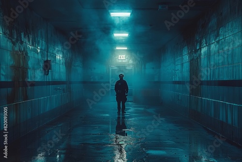 A man is standing in a dark tunnel at night