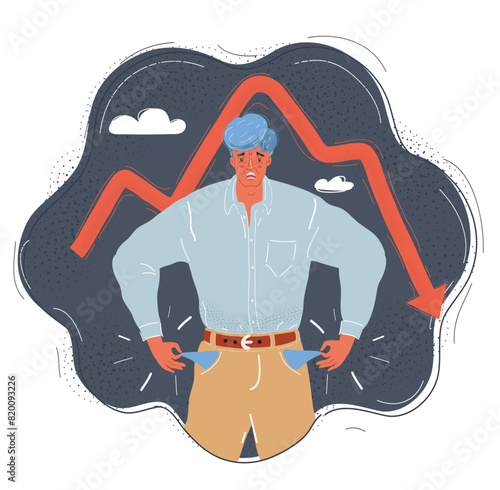 Cartoon vector illustration of man with empty pockets, isolated on dark background.