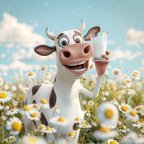 3d funny cartoon cow with a glass of milk close-up on a 3d background of grass, daisies, blue sky, clouds. Illustration for advertising milk and dairy products. Printing on advertising products, packa photo