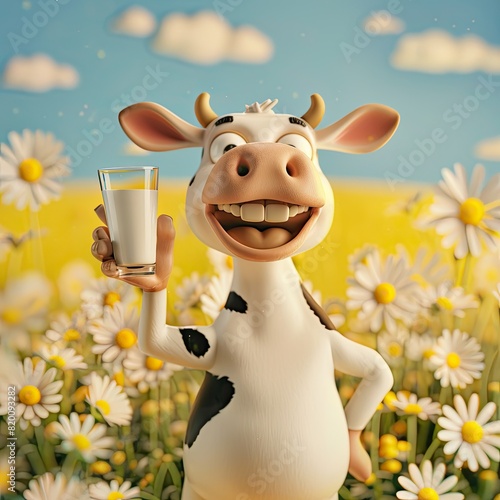 3d funny cartoon cow with a glass of milk close-up on a 3d background of grass, daisies, blue sky, clouds. Illustration for advertising milk and dairy products. Printing on advertising products, packa photo