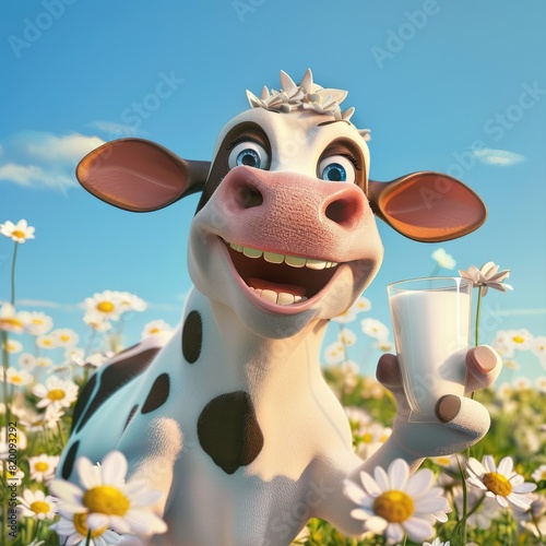 3d funny cartoon cow with a glass of milk close-up on a 3d background of grass, daisies, blue sky, clouds. Illustration for advertising milk and dairy products. Printing on advertising products, packa photo