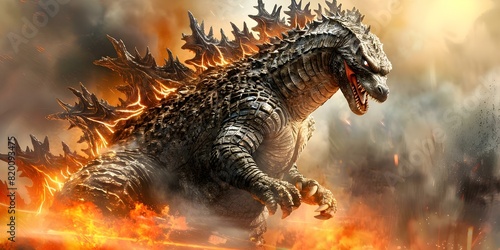 Godzilla  Ancient Monster Awakened and Empowered by Nuclear Radiation in High-Definition TV. Concept Science Fiction  Monster Movies  Nuclear Power  High-Definition TV  Ancient Mythology