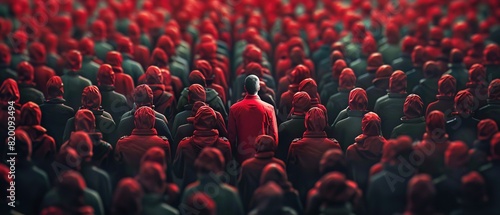 A sea of conformity met by one defiant leader, stark against the multitude in red
