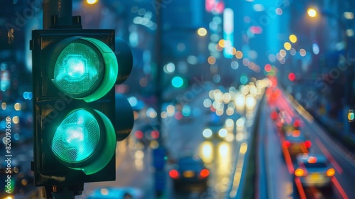 Close-up of a traffic light showing the green light, signaling for cars to move, with a blurred cityscape in the background. photo