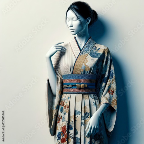 realistic image of a modern woman in a dress, inspired by traditional Japanese patterns