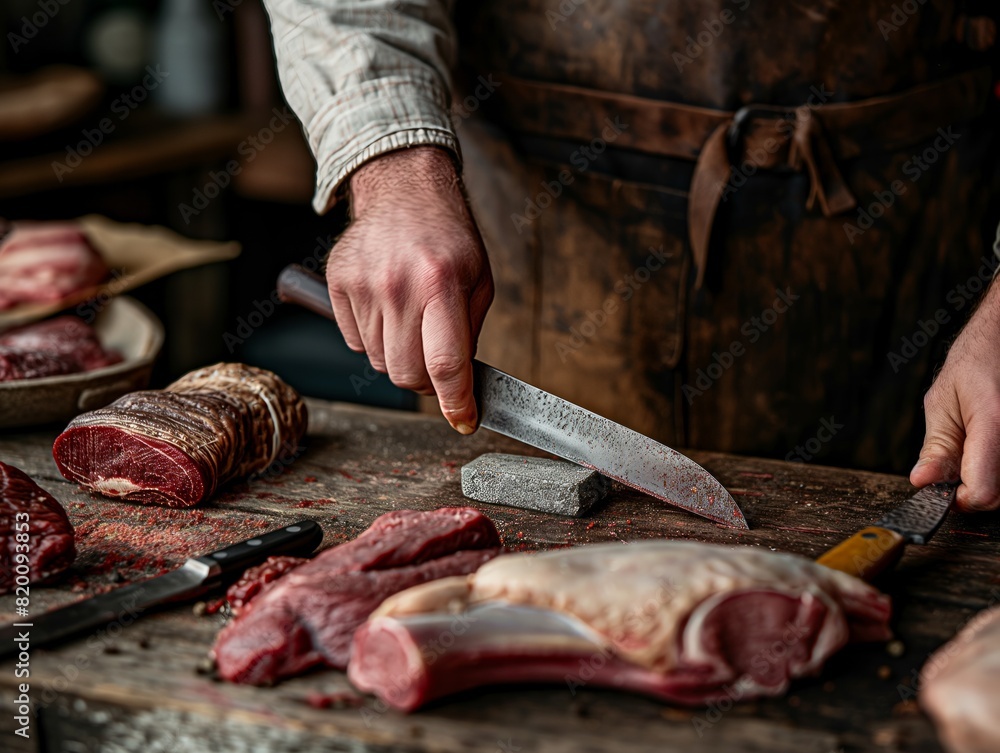 A butcher is cutting meat on a wooden cutting board. There are several pieces of meat on the cutting board, including a steak and a chicken