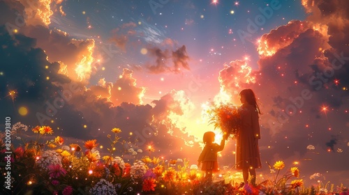 Romantic silhouettes of siblings gazing at the sunlit sky In the middle of a field of flowers photo